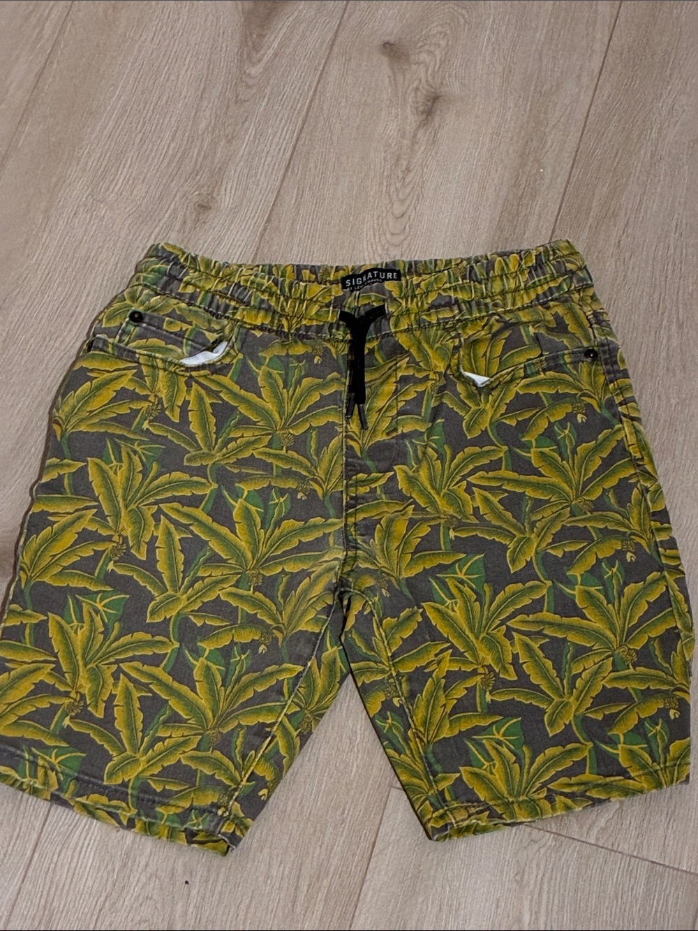 Signature Olive and Yellow Tropical Leaf Swim Shorts